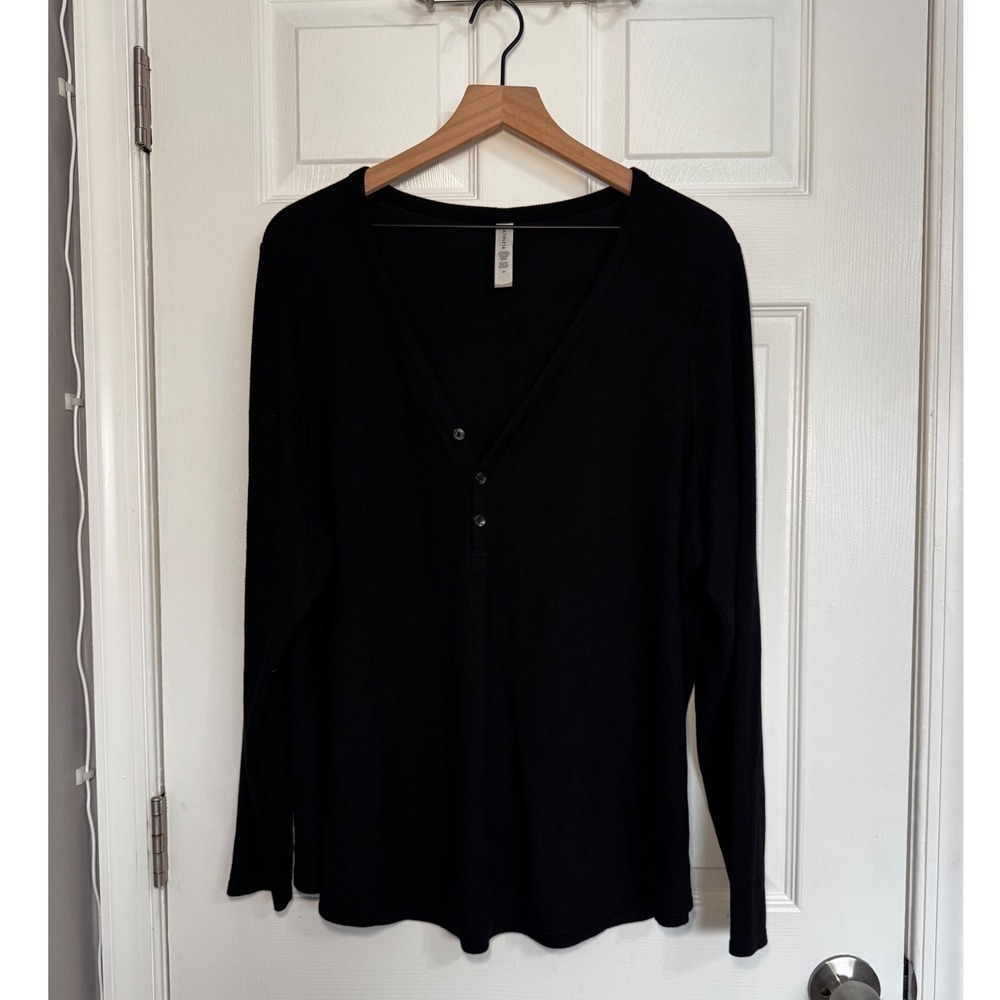 Athleta Wind Down Sleep Top Black Waffle Knit Henley Long Sleeve‎ 2X Loungewear